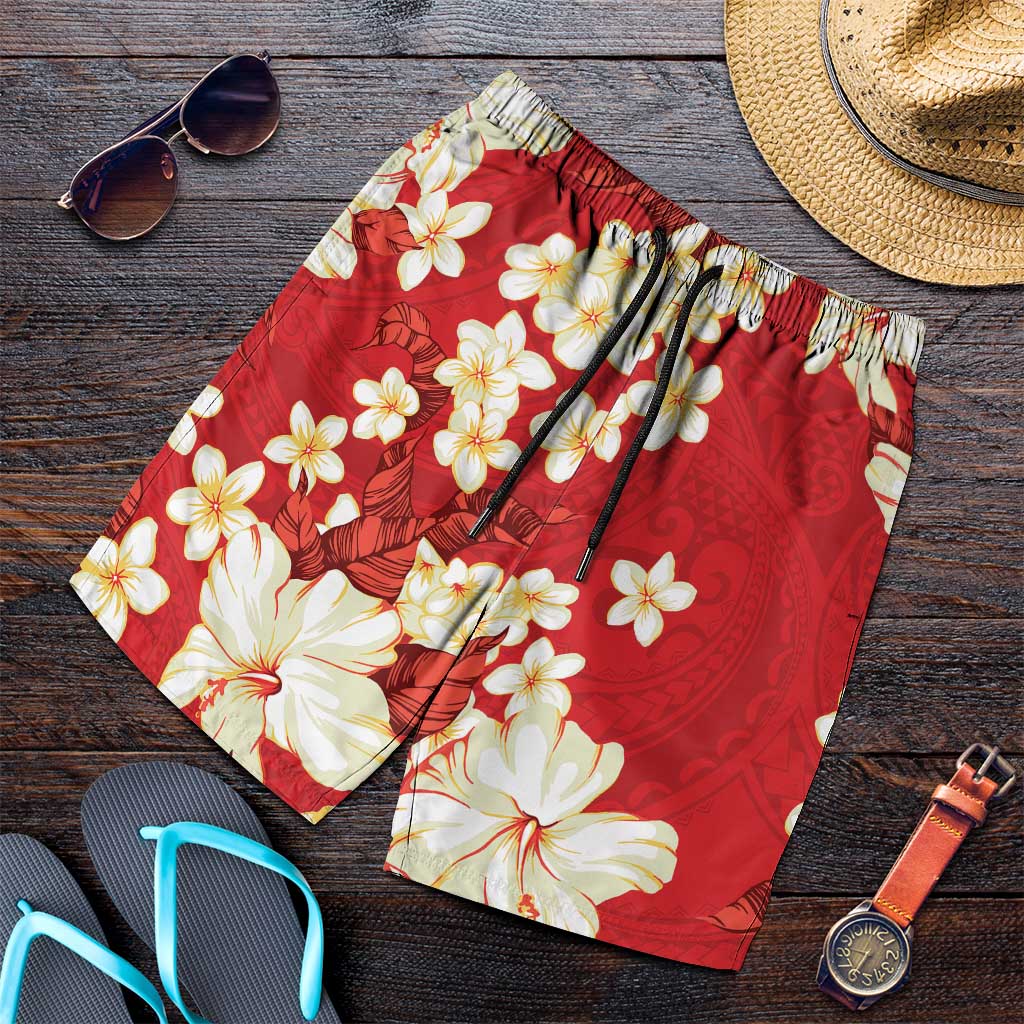 Hawaii Hibiscus Plumeria Red Shorts for Men Polynesian Pattern