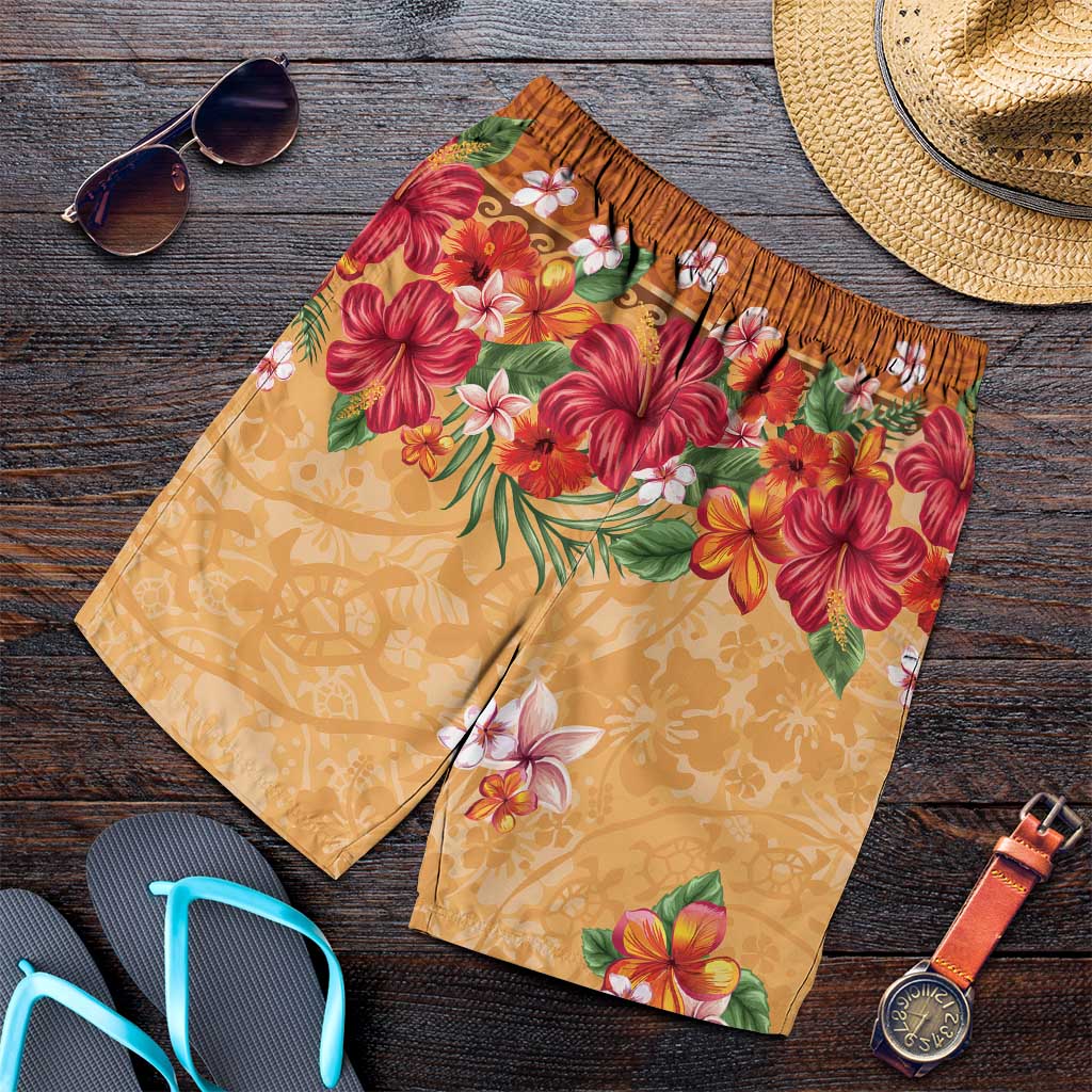 Hawaii Hibiscus Shorts for Men Turtles Tribal Motifs Vintage Floral Style - Polynesian Pride