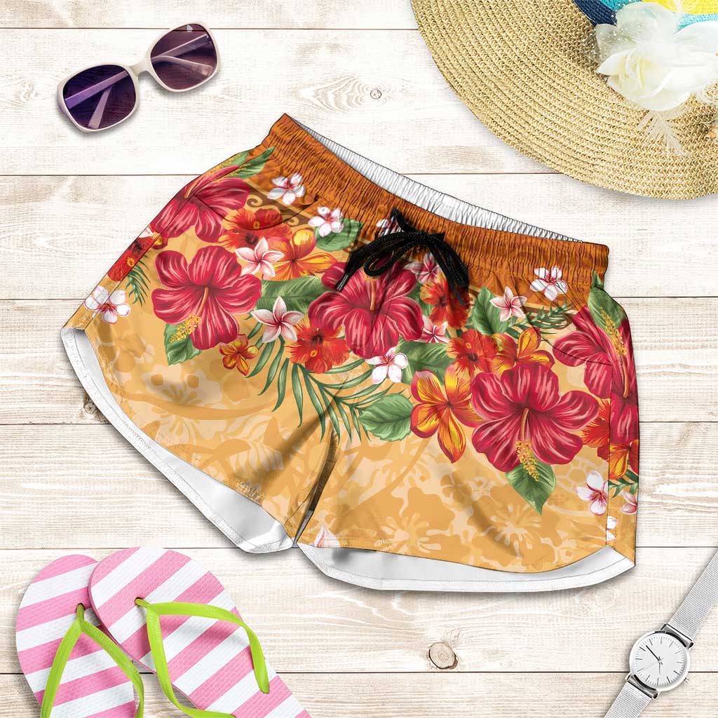Hawaii Hibiscus Shorts for Women Turtles Tribal Motifs Vintage Floral Style - Polynesian Pride