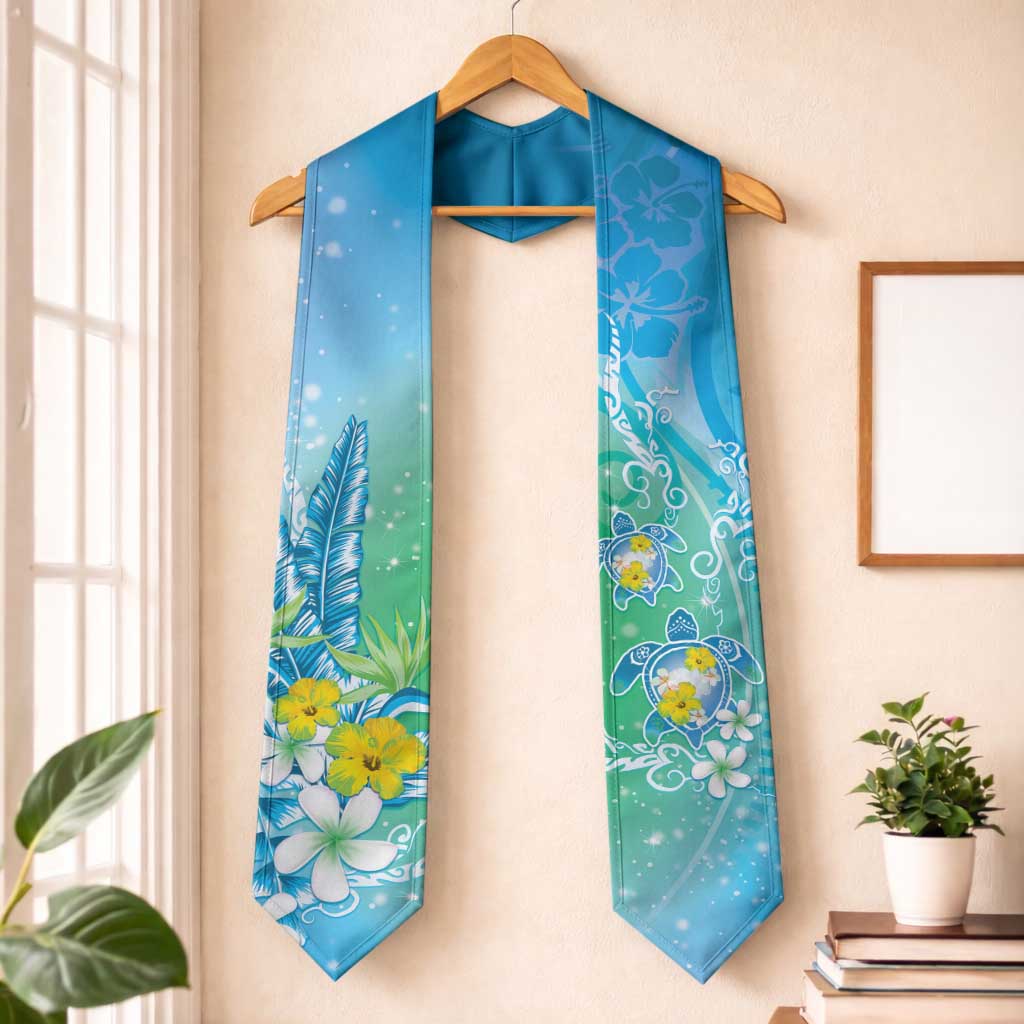 Hawaii Honu Graduation Stole Tropical Flowers Blue Gradient