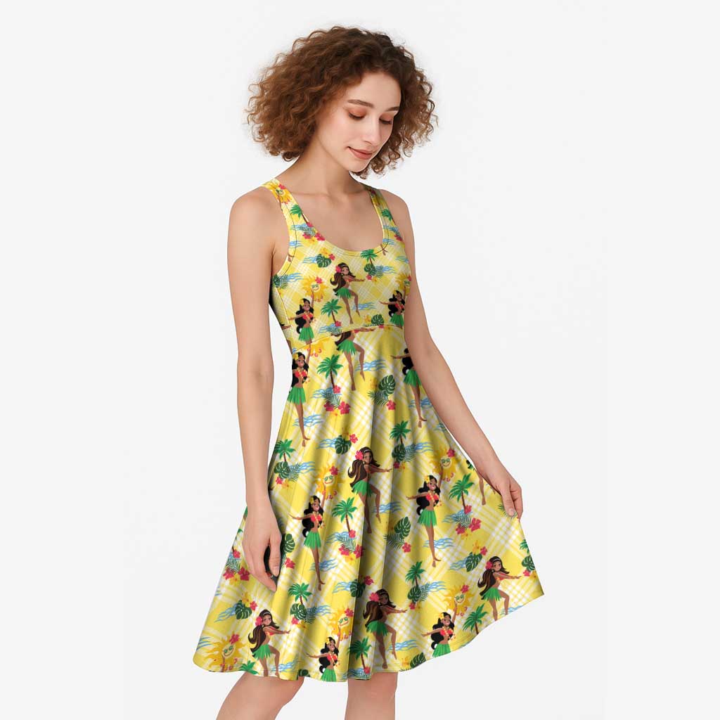 Hawaii Hula Girl Tropical Midi Dress Yellow Palaka