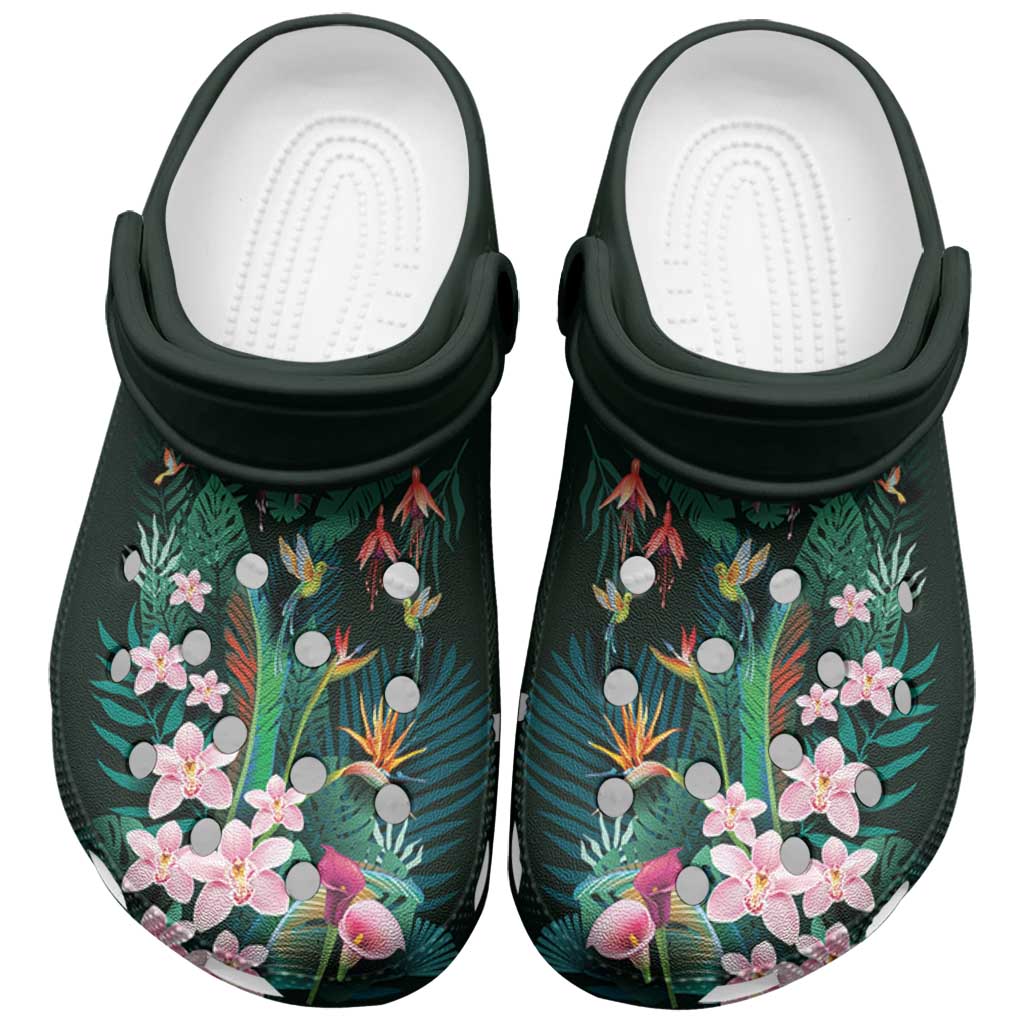 Hawaii Hummingbird Tropical Flowers Clogs Shoes Dark Green