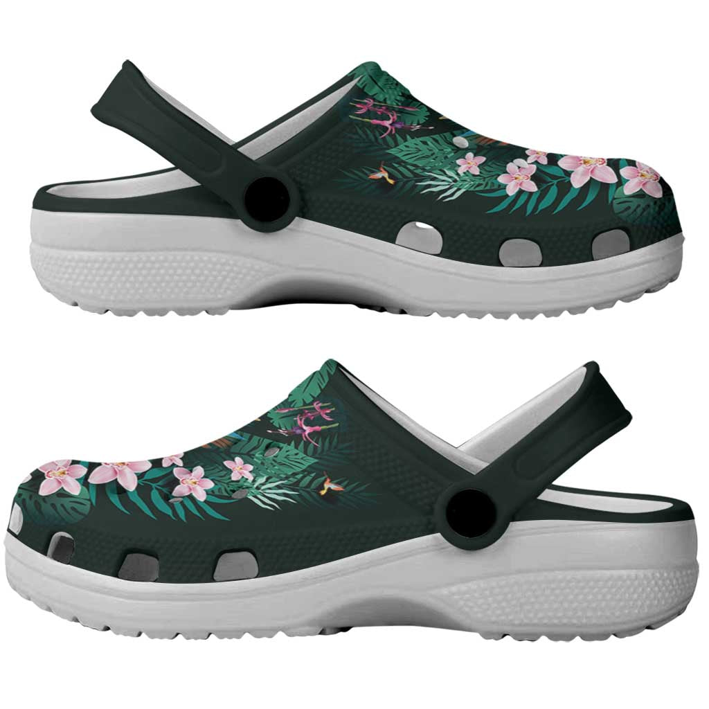 Hawaii Hummingbird Tropical Flowers Clogs Shoes Dark Green