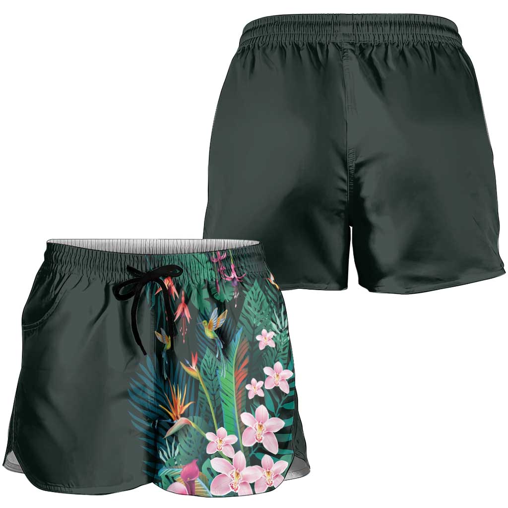 Hawaii Hummingbird Tropical Flowers Shorts for Women Dark Green
