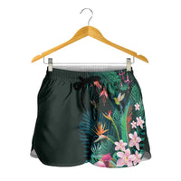 Hawaii Hummingbird Tropical Flowers Shorts for Women Dark Green