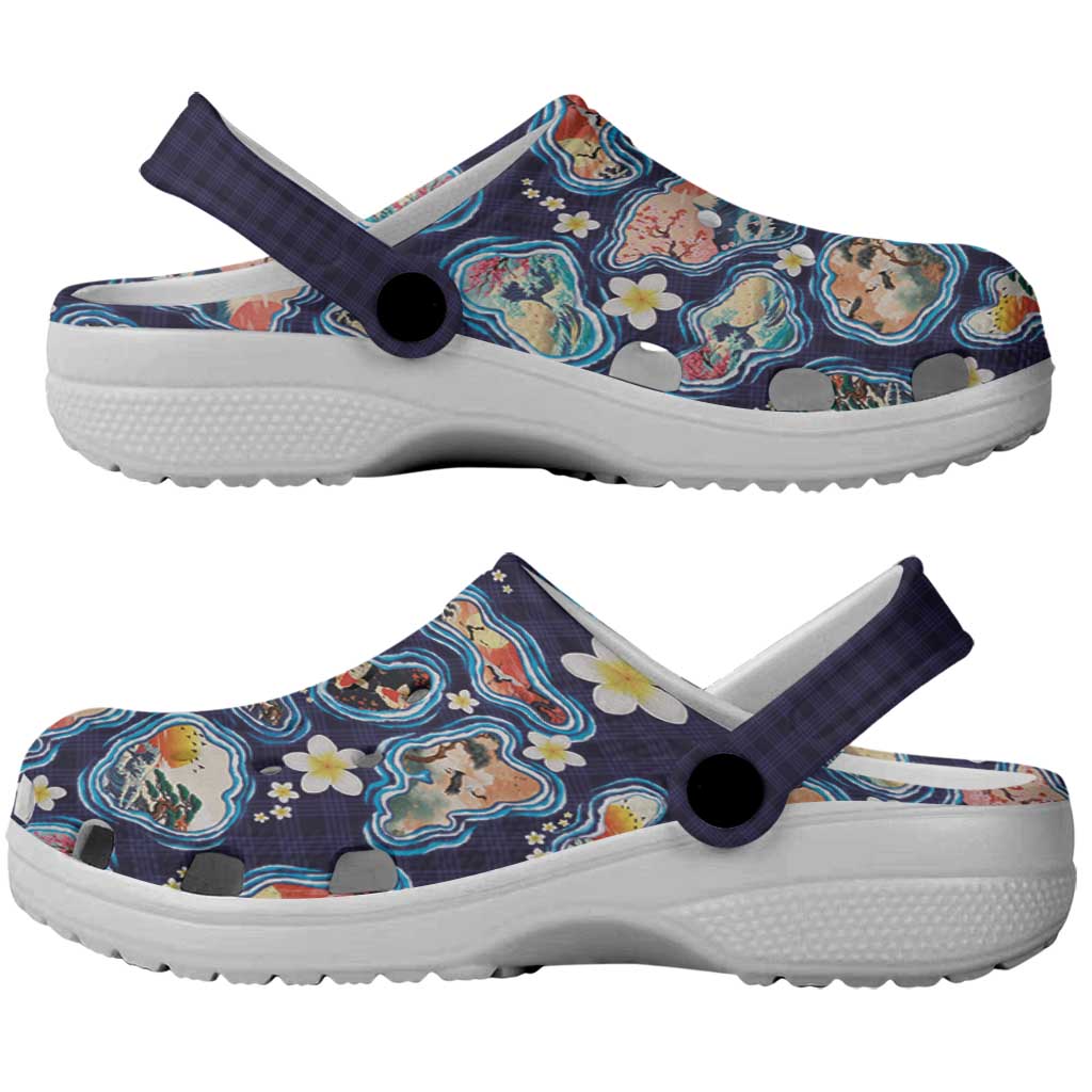 Hawaii Islands Map Design with Japanese Landscape Clogs Shoes Hawaiian Japan Fusion Art Navy Color LT03 - Polynesian Pride