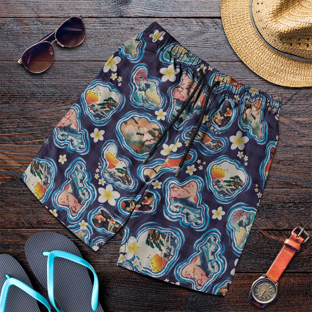 Hawaii Islands Map Design with Japanese Landscape Shorts for Men Hawaiian Japan Fusion Art Navy Color LT03 Navy - Polynesian Pride