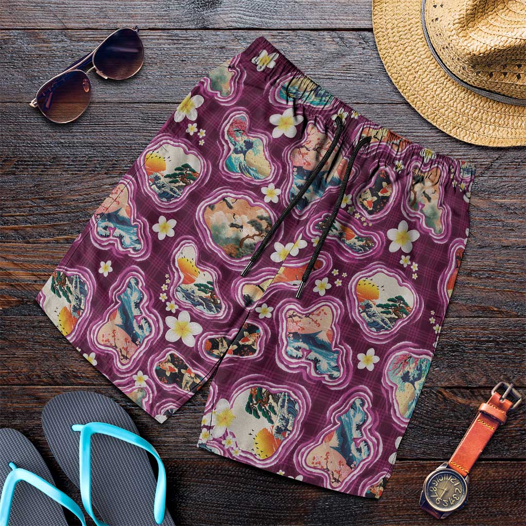 Hawaii Islands Map Design with Japanese Landscape Shorts for Men Hawaiian Japan Fusion Art Pink Color