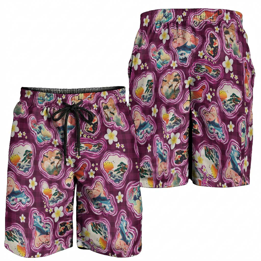 Hawaii Islands Map Design with Japanese Landscape Shorts for Men Hawaiian Japan Fusion Art Pink Color LT03 - Polynesian Pride