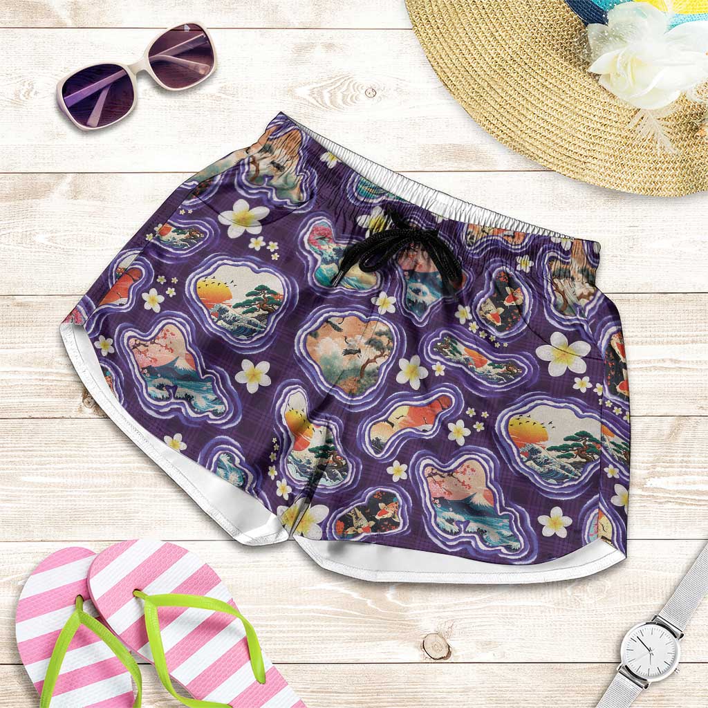 Hawaii Islands Map Design with Japanese Landscape Shorts for Women Hawaiian Japan Fusion Art Purple Color