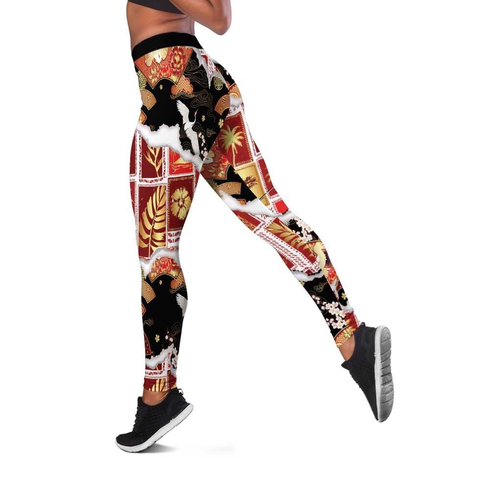 Hawaii Japanese Culture Black Leggings Spring Cranes Aloha Pattern LT01 Black - Polynesian Pride