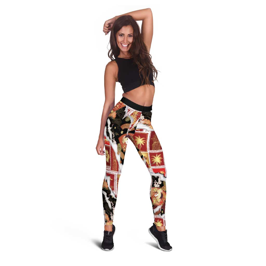 Hawaii Japanese Culture Black Leggings Spring Cranes Aloha Pattern LT01 - Polynesian Pride