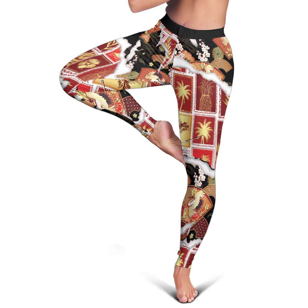 Hawaii Japanese Culture Black Leggings Spring Cranes Aloha Pattern LT01 - Polynesian Pride