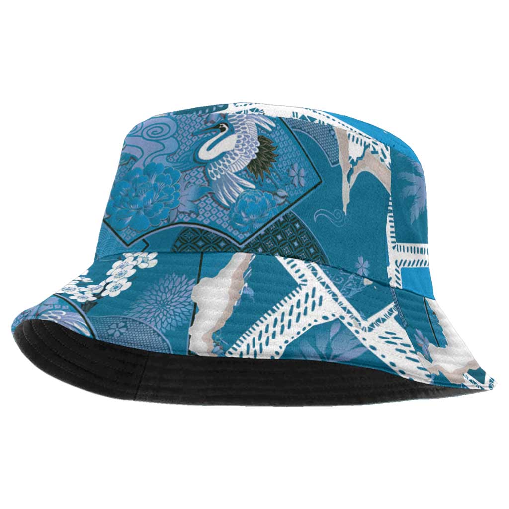 Hawaii Japanese Culture Blue Bucket Hat Spring Cranes Aloha Pattern LT01 One Size Blue - Polynesian Pride