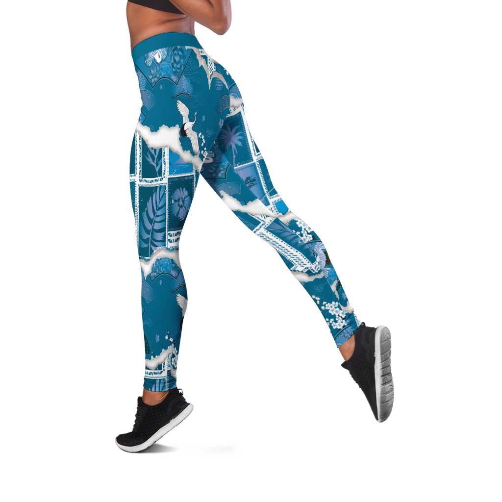 Hawaii Japanese Culture Blue Leggings Spring Cranes Aloha Pattern LT01 Blue - Polynesian Pride