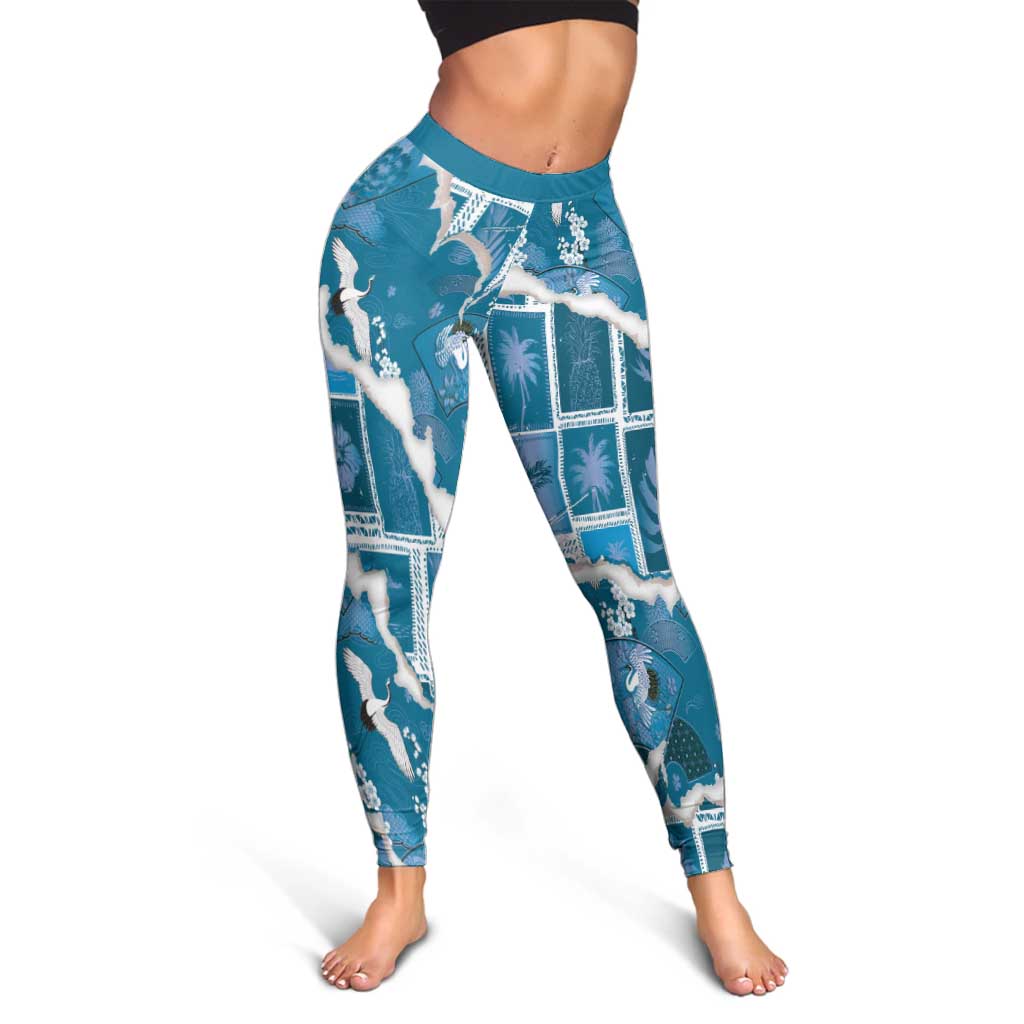 Hawaii Japanese Culture Blue Leggings Spring Cranes Aloha Pattern LT01 - Polynesian Pride