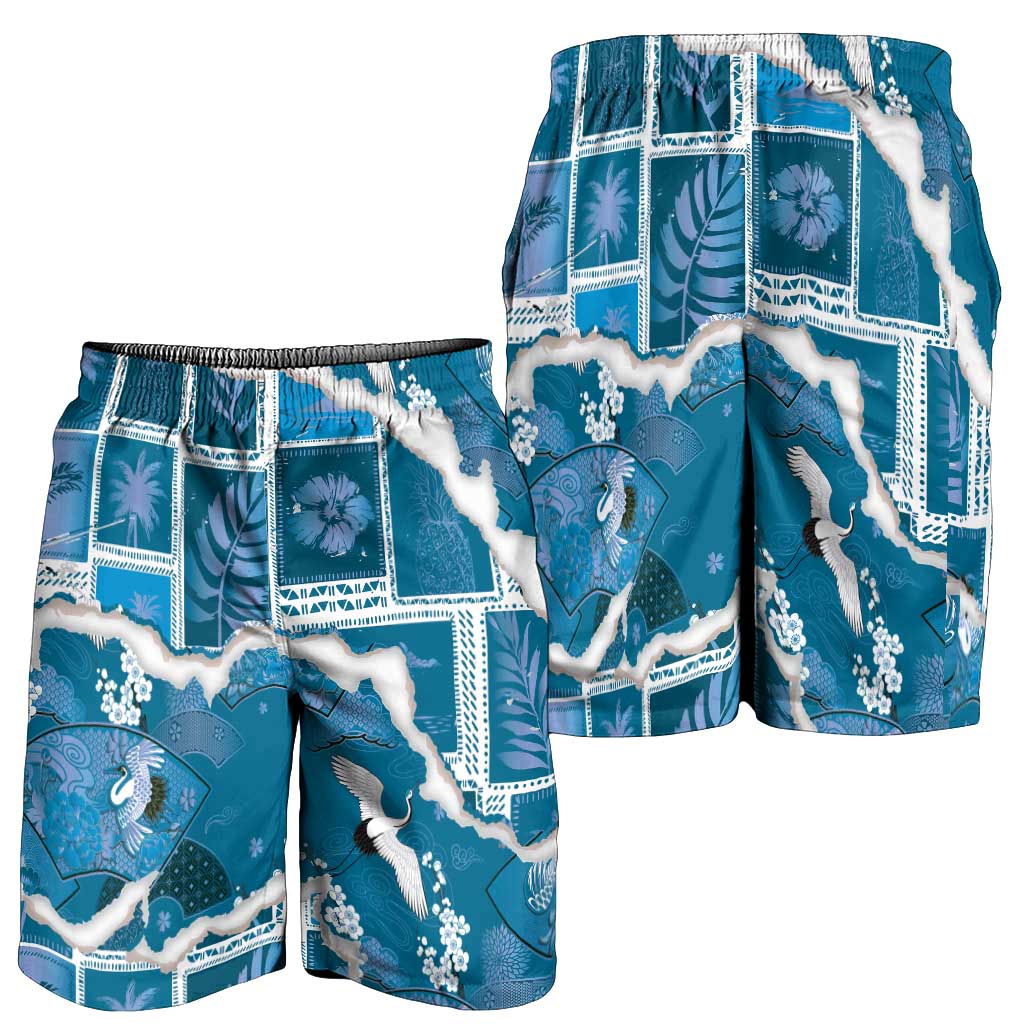 Hawaii Japanese Culture Blue Shorts for Men Spring Cranes Aloha Pattern LT01 - Polynesian Pride