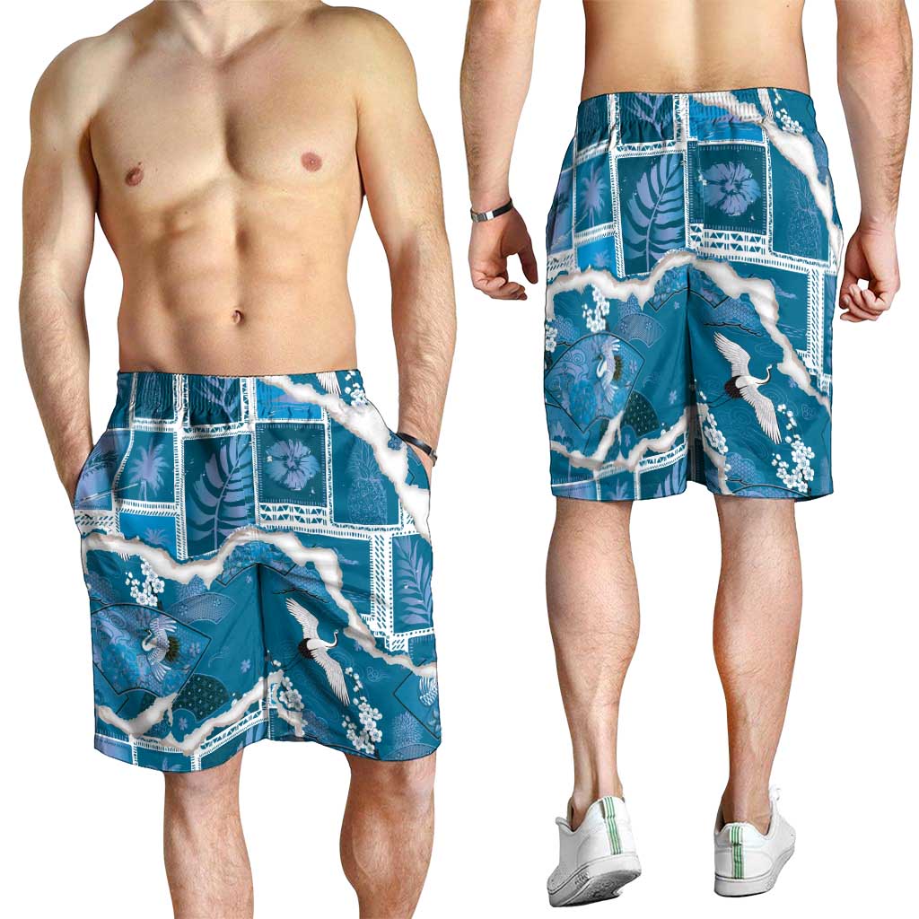 Hawaii Japanese Culture Blue Shorts for Men Spring Cranes Aloha Pattern LT01 - Polynesian Pride