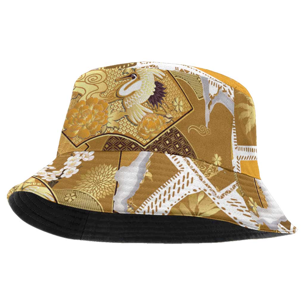 Hawaii Japanese Culture Gold Bucket Hat Spring Cranes Aloha Pattern LT01 One Size Gold - Polynesian Pride