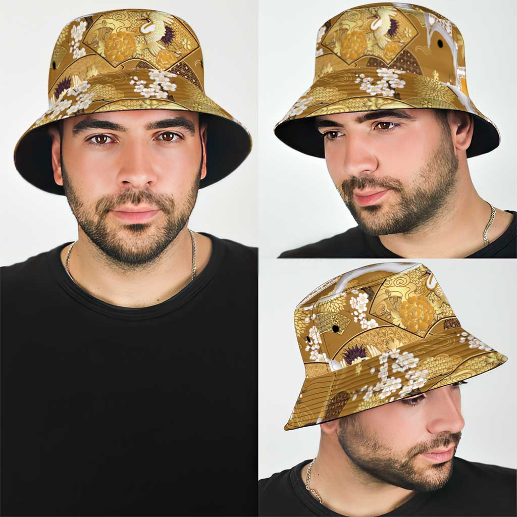 Hawaii Japanese Culture Gold Bucket Hat Spring Cranes Aloha Pattern LT01 - Polynesian Pride
