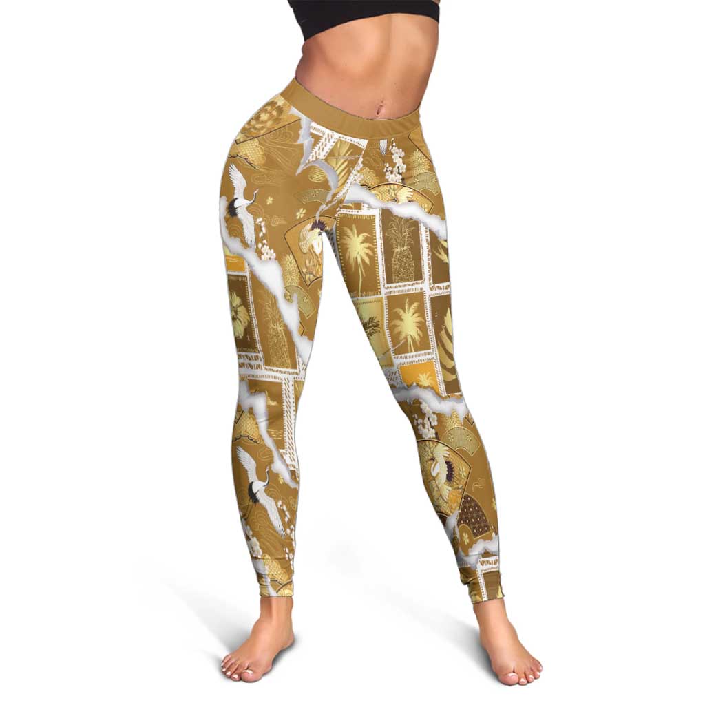Hawaii Japanese Culture Gold Leggings Spring Cranes Aloha Pattern LT01 - Polynesian Pride