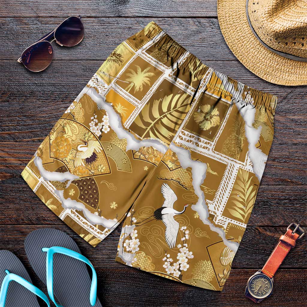 Hawaii Japanese Culture Gold Shorts for Men Spring Cranes Aloha Pattern LT01 Gold - Polynesian Pride