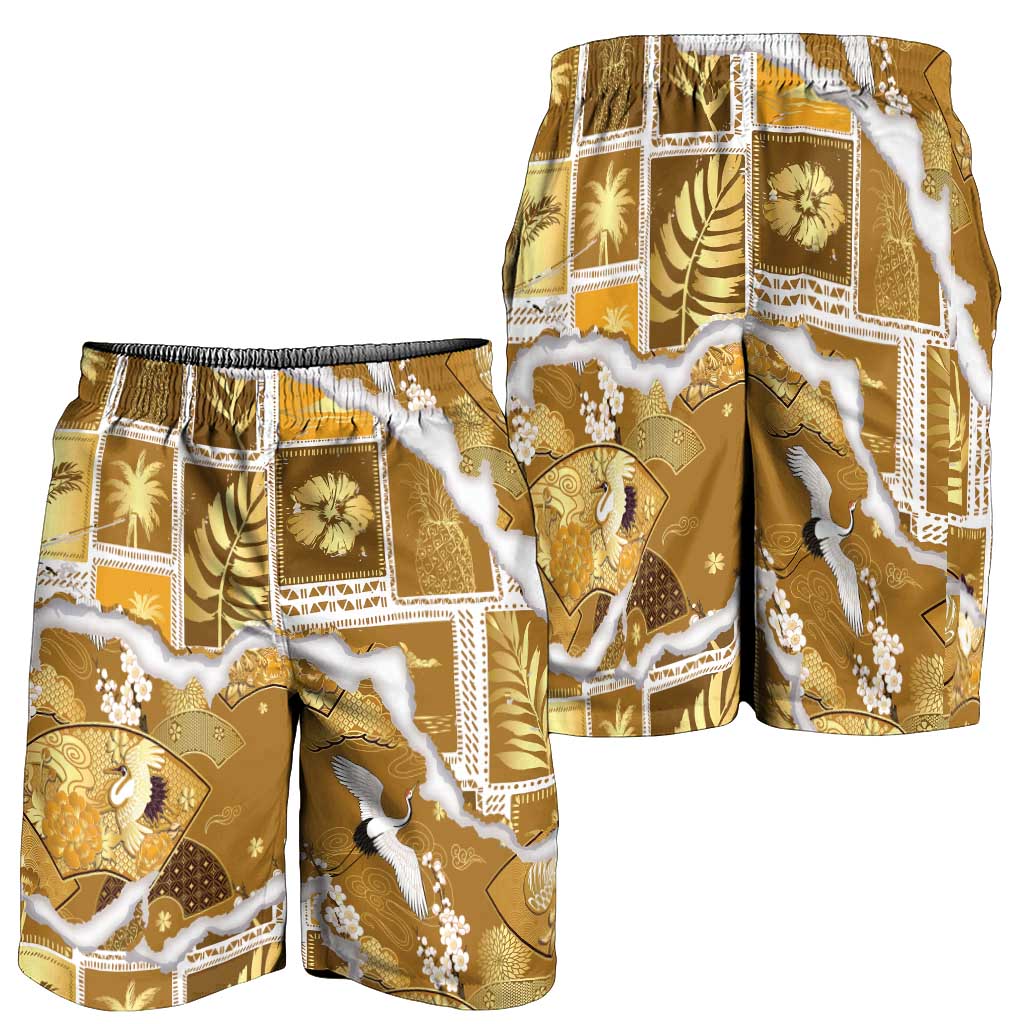 Hawaii Japanese Culture Gold Shorts for Men Spring Cranes Aloha Pattern LT01 - Polynesian Pride