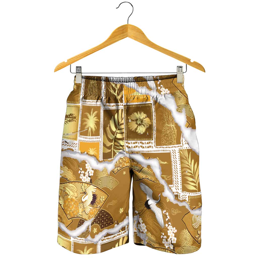 Hawaii Japanese Culture Gold Shorts for Men Spring Cranes Aloha Pattern LT01 - Polynesian Pride