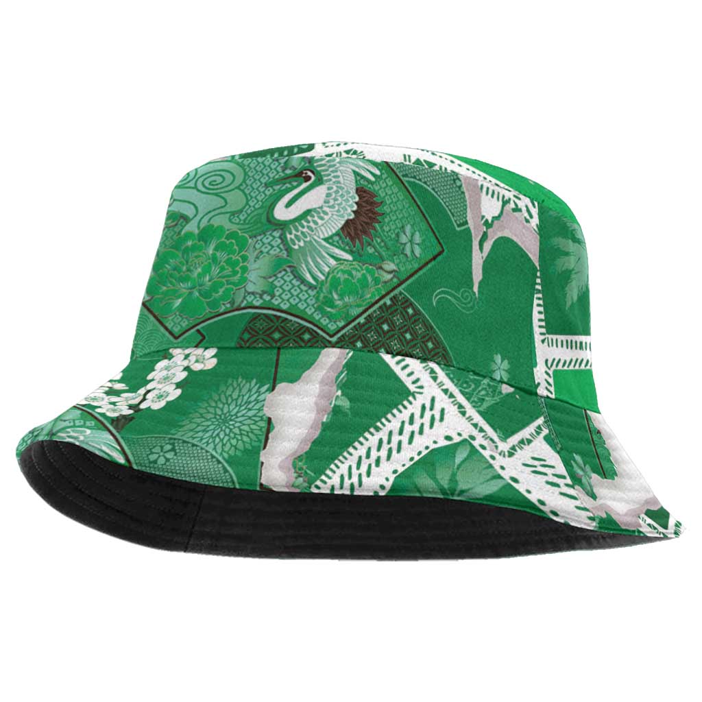 Hawaii Japanese Culture Green Bucket Hat Spring Cranes Aloha Pattern LT01 One Size Green - Polynesian Pride
