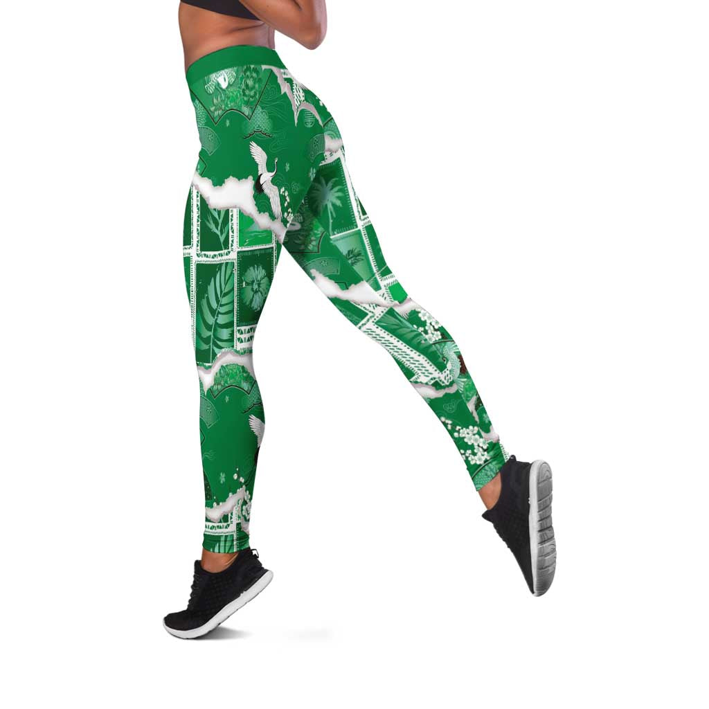 Hawaii Japanese Culture Green Leggings Spring Cranes Aloha Pattern LT01 Green - Polynesian Pride