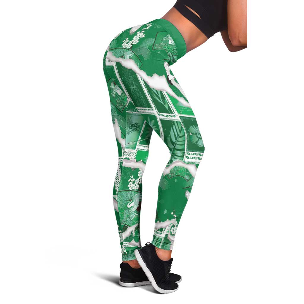 Hawaii Japanese Culture Green Leggings Spring Cranes Aloha Pattern LT01 - Polynesian Pride