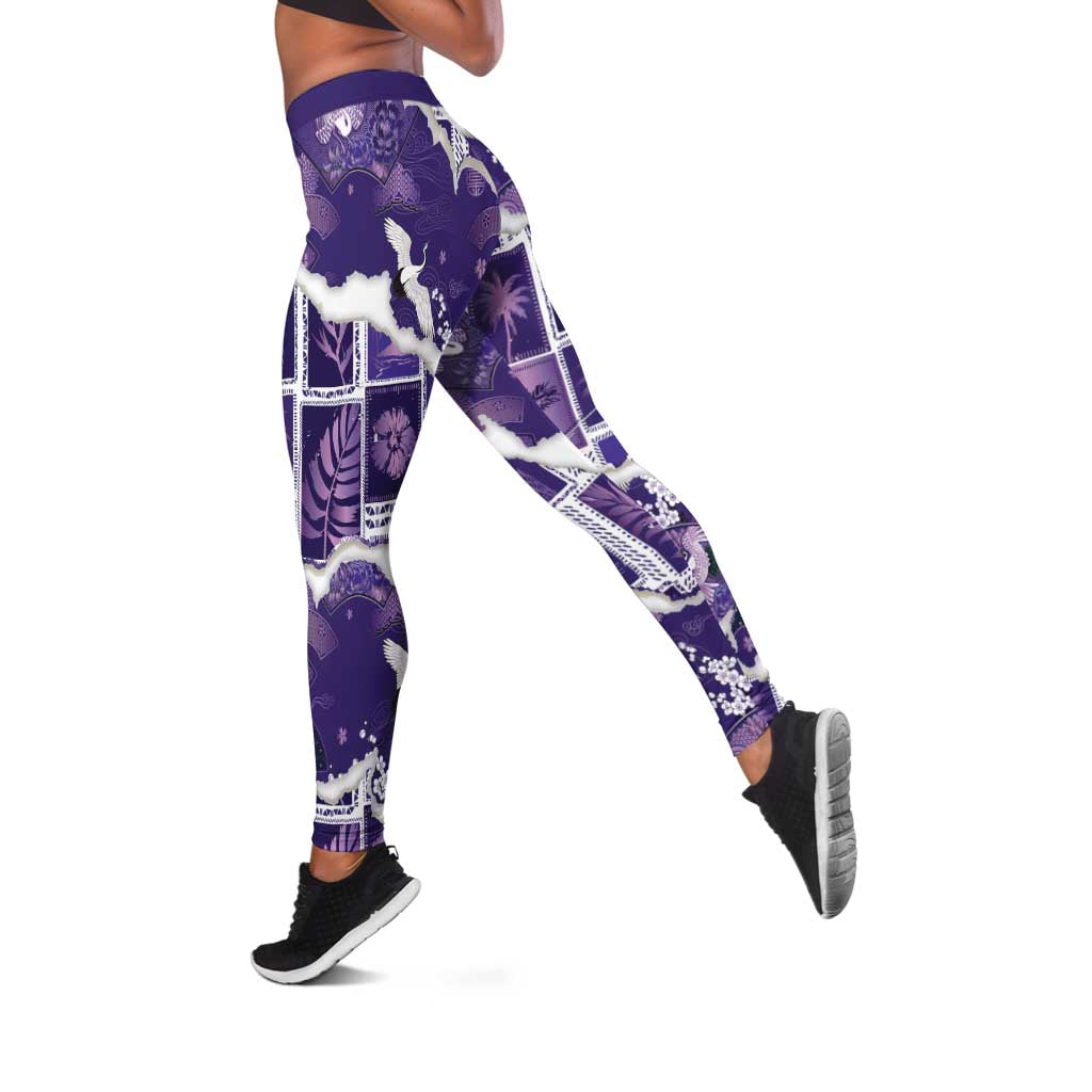 Hawaii Japanese Culture Purple Leggings Spring Cranes Aloha Pattern