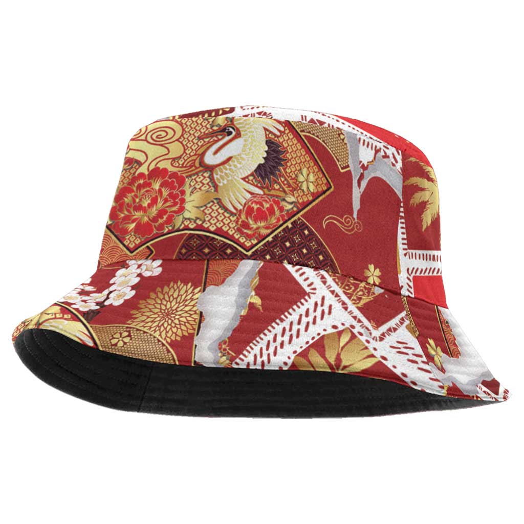 Hawaii Japanese Culture Red Bucket Hat Spring Cranes Aloha Pattern LT01 One Size Red - Polynesian Pride