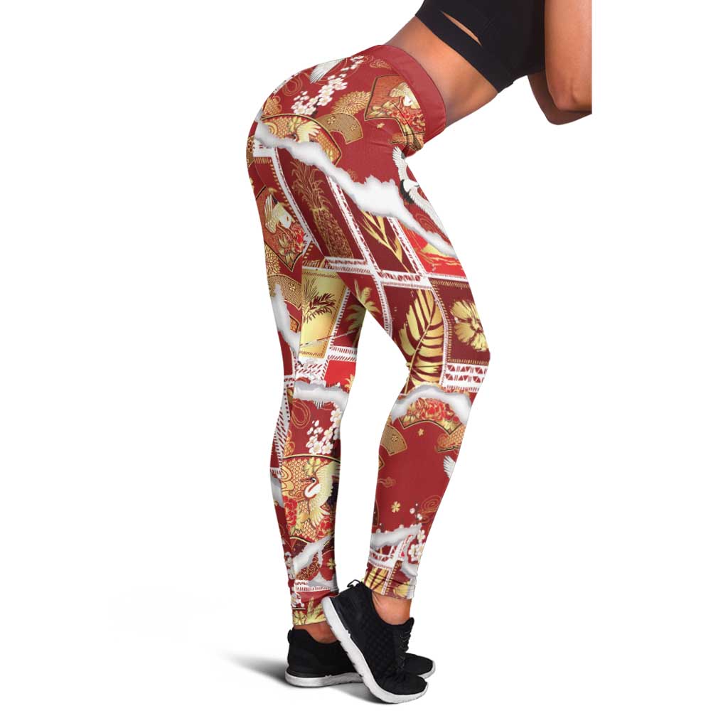 Hawaii Japanese Culture Red Leggings Spring Cranes Aloha Pattern LT01 - Polynesian Pride