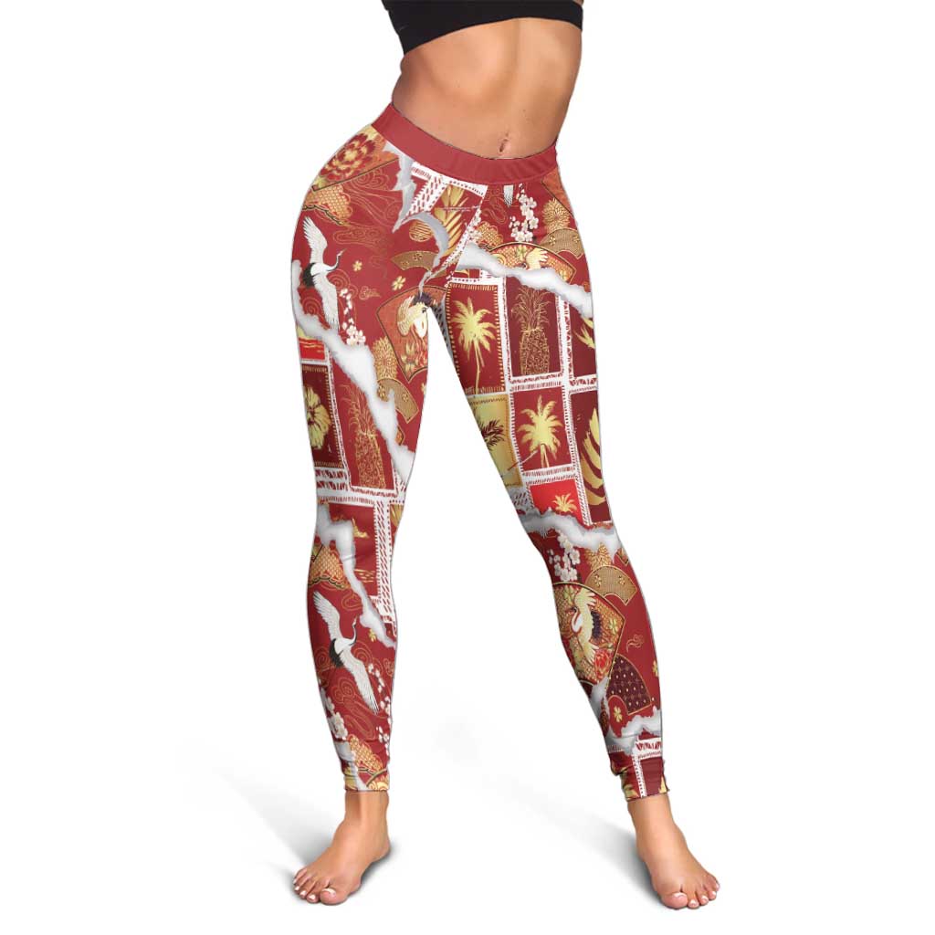 Hawaii Japanese Culture Red Leggings Spring Cranes Aloha Pattern LT01 - Polynesian Pride