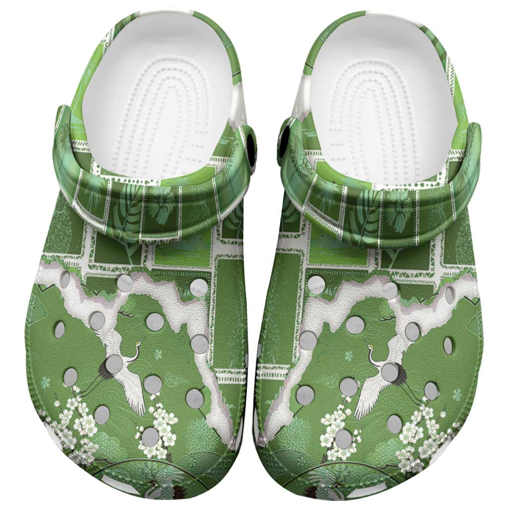 Hawaii Japanese Culture Sage Green Clogs Shoes Spring Cranes Aloha Pattern
