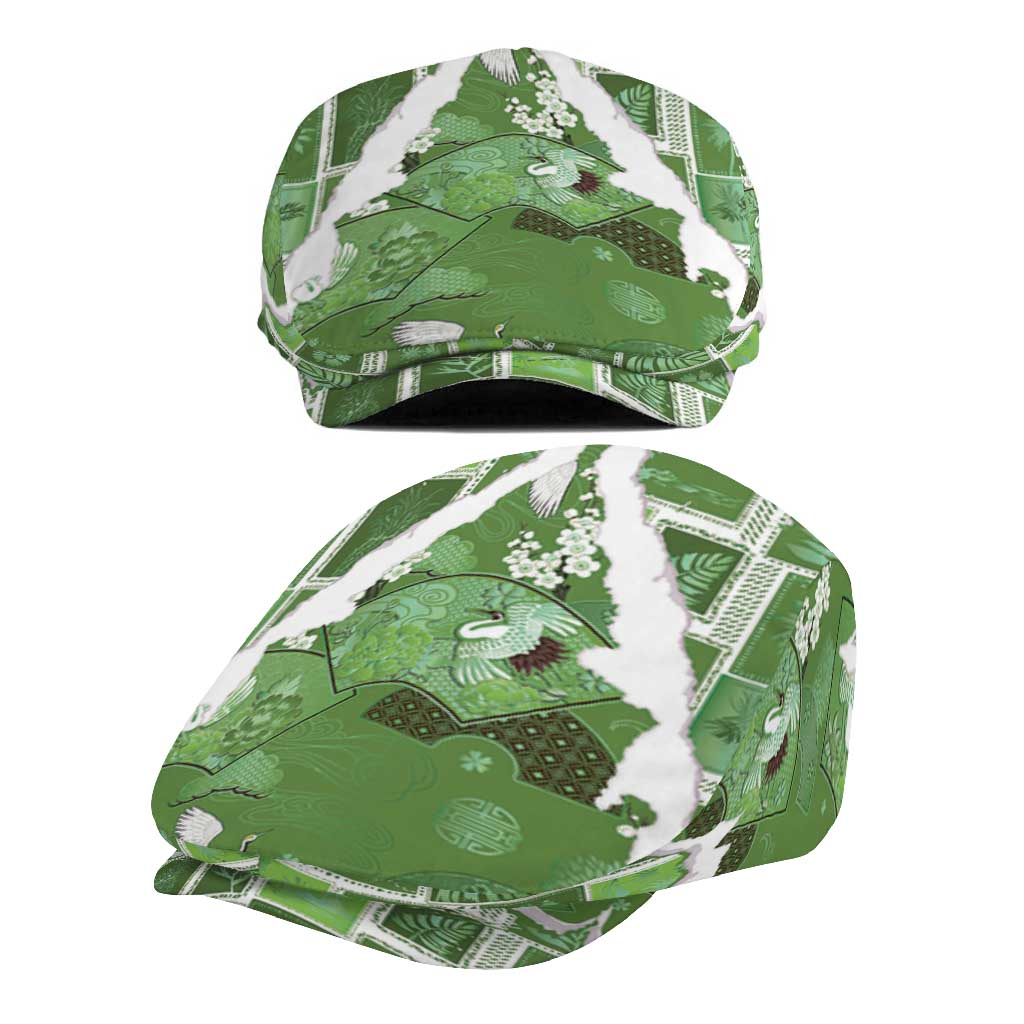 Hawaii Japanese Culture Sage Green Jeff Hat Spring Cranes Aloha Pattern LT01 - Polynesian Pride