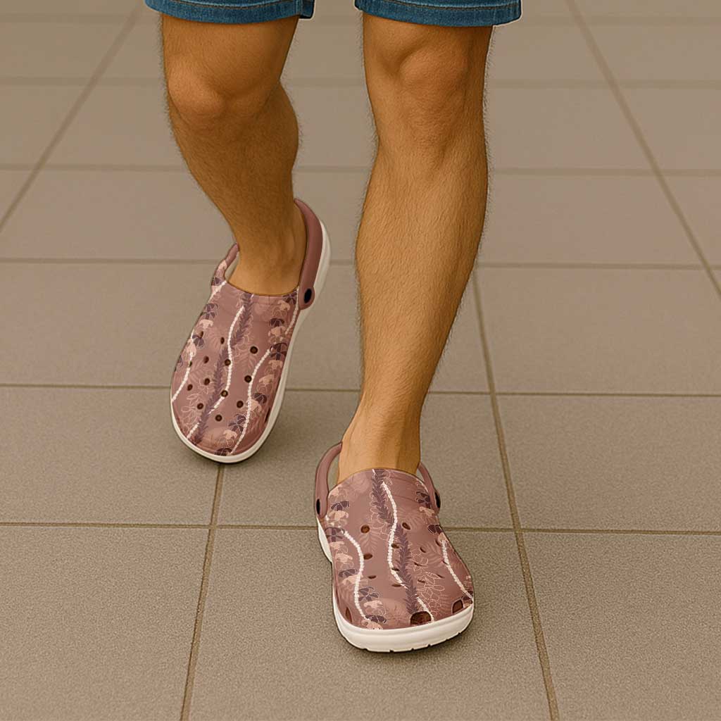 Hawaii Maile Lei Clogs Shoes With Brown Monstera Pattern - Polynesian Pride