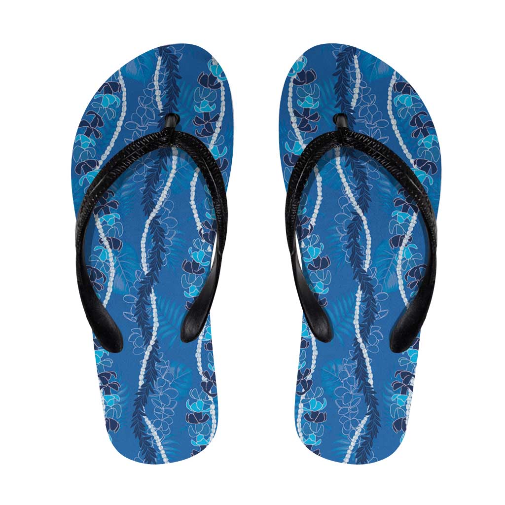 Hawaii Maile Lei Flip Flops With Blue Monstera Pattern - Polynesian Pride