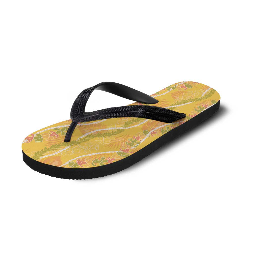 Hawaii Maile Lei Flip Flops With Yellow Monstera Pattern - Polynesian Pride