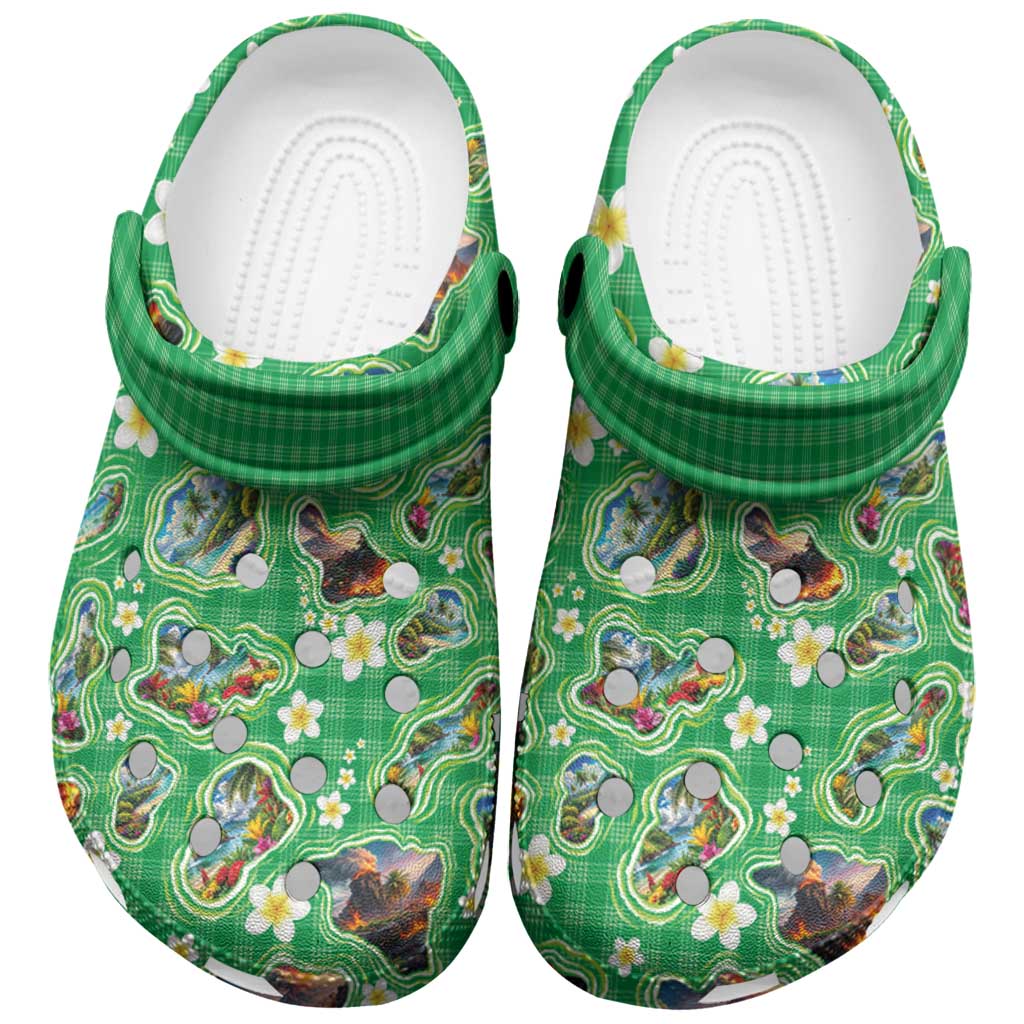 Hawaii Map with Plumeria Flower and Palaka Pattern Clogs Shoes Tropical Island Green Design
