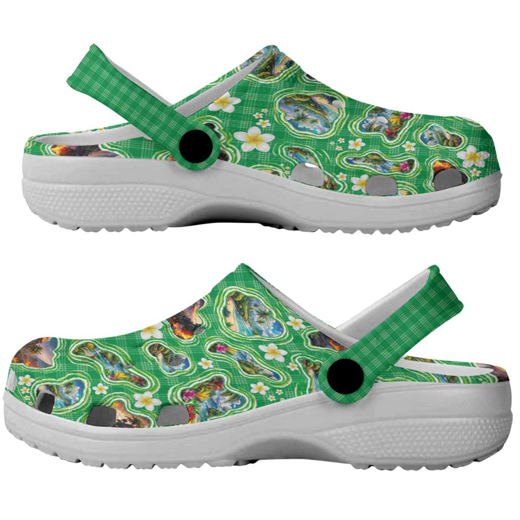 Hawaii Map with Plumeria Flower and Palaka Pattern Clogs Shoes Tropical Island Green Design