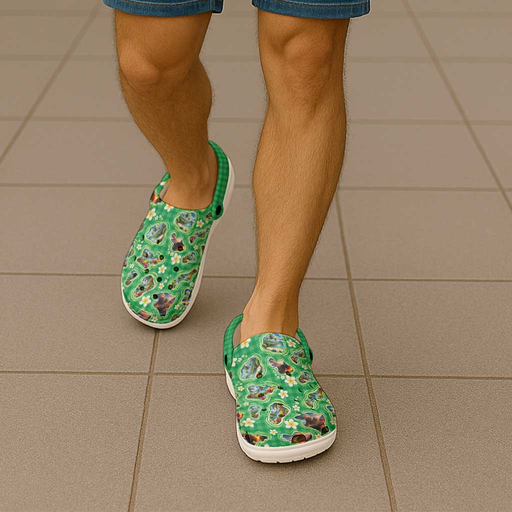 Hawaii Map with Plumeria Flower and Palaka Pattern Clogs Shoes Tropical Island Green Design