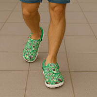 Hawaii Map with Plumeria Flower and Palaka Pattern Clogs Shoes Tropical Island Green Design