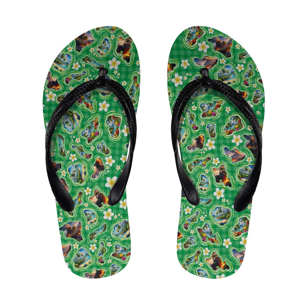 Hawaii Map with Plumeria Flower and Palaka Pattern Flip Flops Tropical Island Green Design