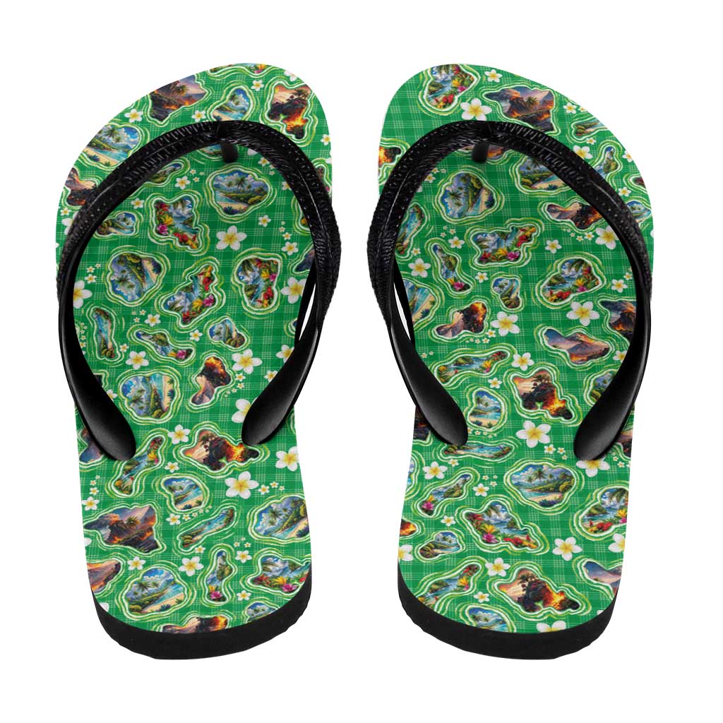 Hawaii Map with Plumeria Flower and Palaka Pattern Flip Flops Tropical Island Green Design