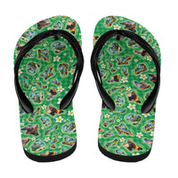Hawaii Map with Plumeria Flower and Palaka Pattern Flip Flops Tropical Island Green Design