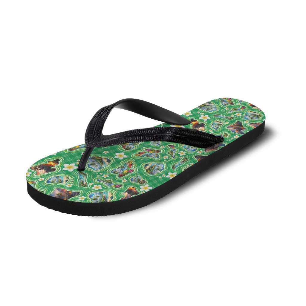 Hawaii Map with Plumeria Flower and Palaka Pattern Flip Flops Tropical Island Green Design