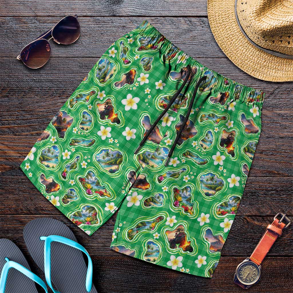 Hawaii Map with Plumeria Flower and Palaka Pattern Shorts for Men Tropical Island Green Design