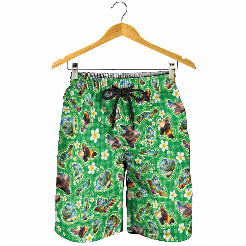 Hawaii Map with Plumeria Flower and Palaka Pattern Shorts for Men Tropical Island Green Design LT03 - Polynesian Pride